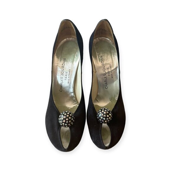Vintage Charles Jourdan Black Suede Heel with Rhinestone Ball. Size 7 2A - Picture 3 of 15